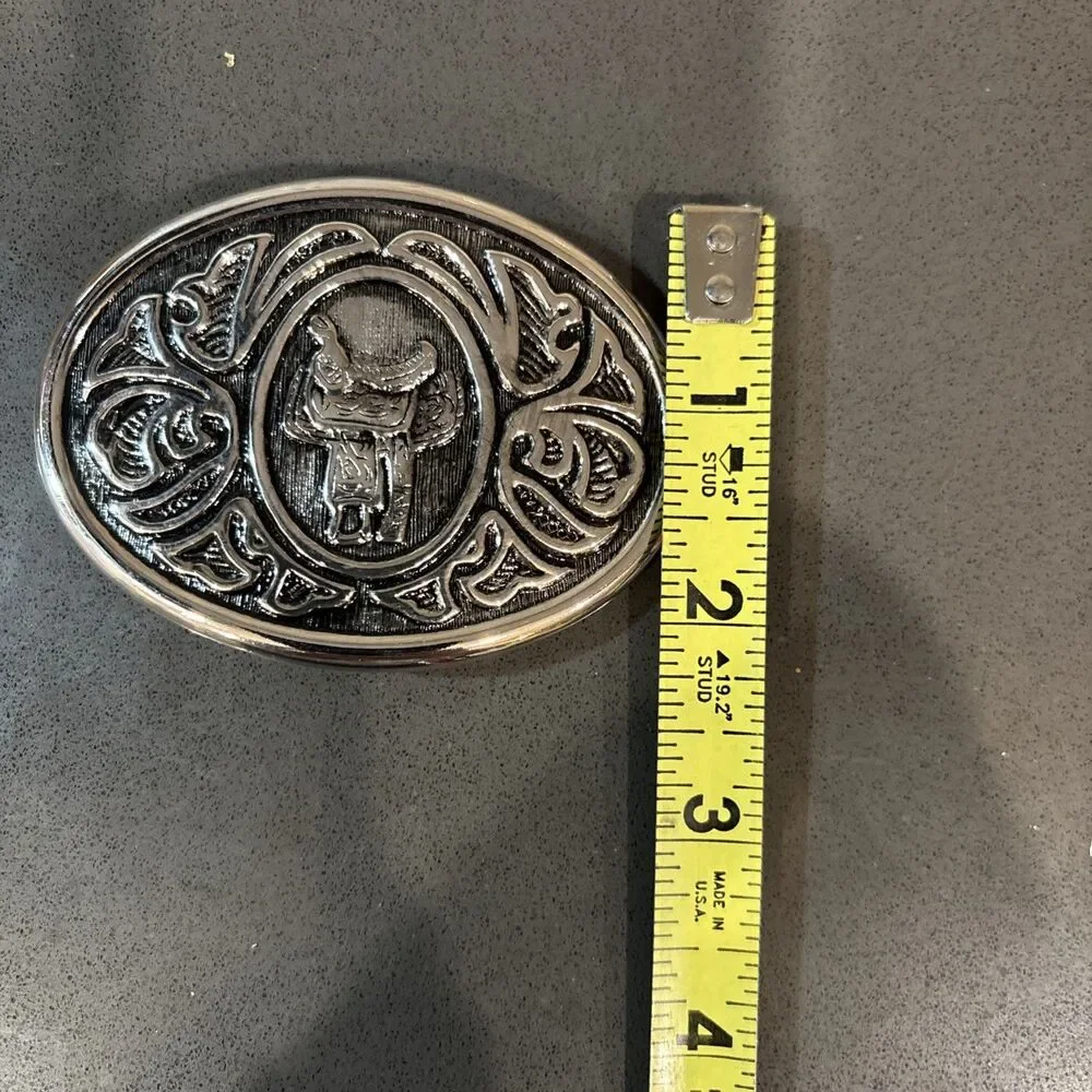 Vintage AVON Metal Silvertone Saddle Engraved Belt Buckle Western